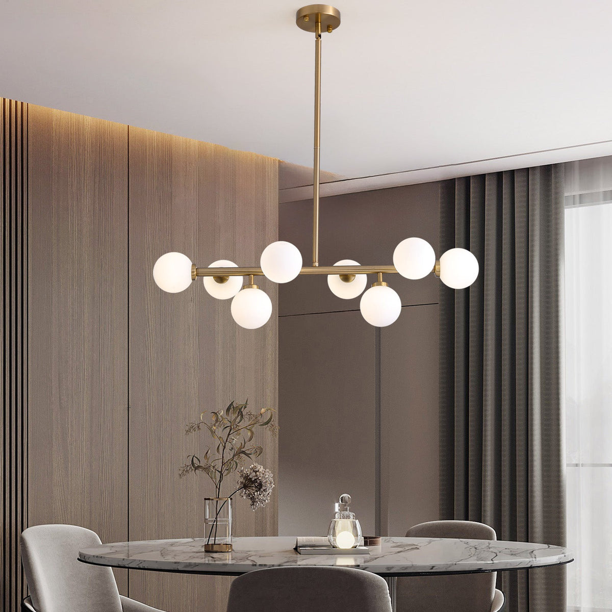 32 in. 8-Light Modern Dimmable Bubble Glass Sputnik Gold Glass Globe Chandelier for Dining Room and Living Room
