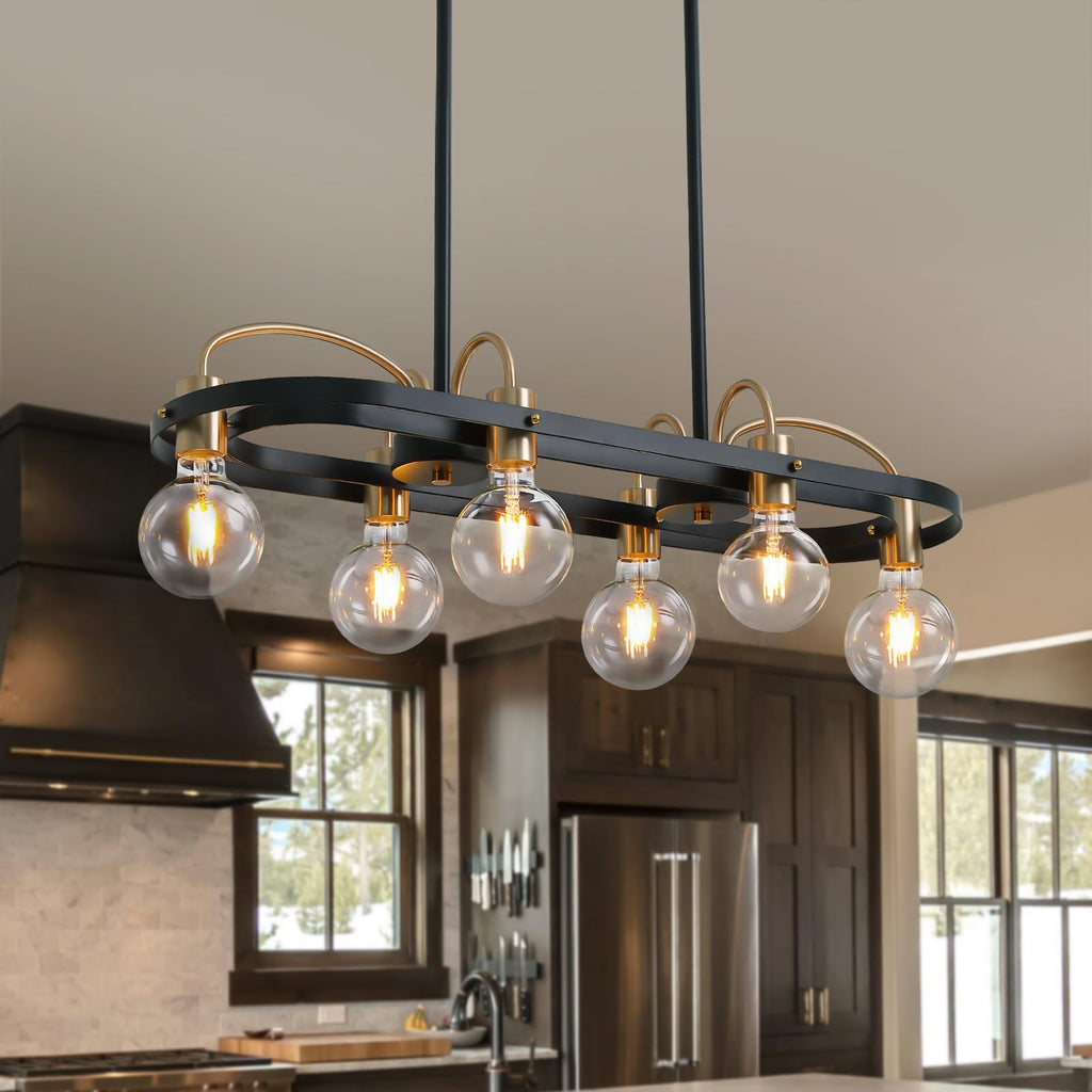 6 Lights Rectangular Chandelier, Black and Gold Linear Chandelier