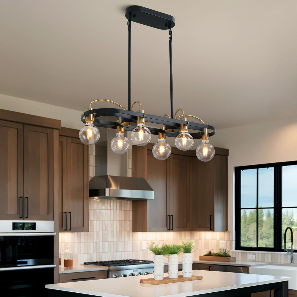 6 Lights Rectangular Chandelier, Black and Gold Linear Chandelier
