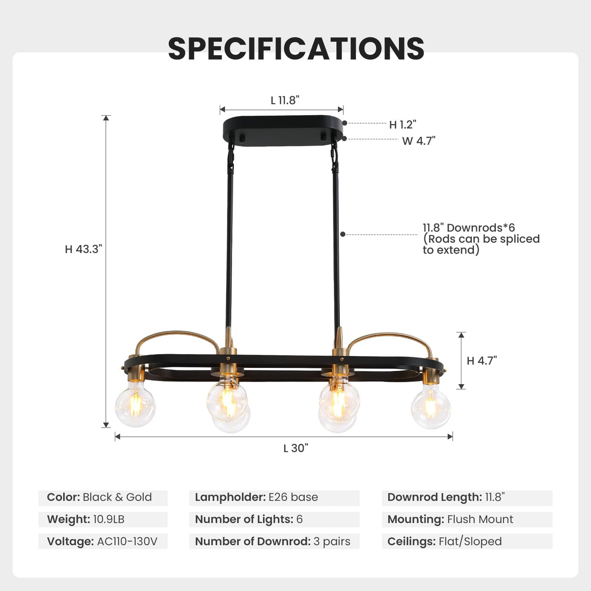 6 Lights Rectangular Chandelier, Black and Gold Linear Chandelier
