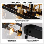 6 Lights Rectangular Chandelier, Black and Gold Linear Chandelier