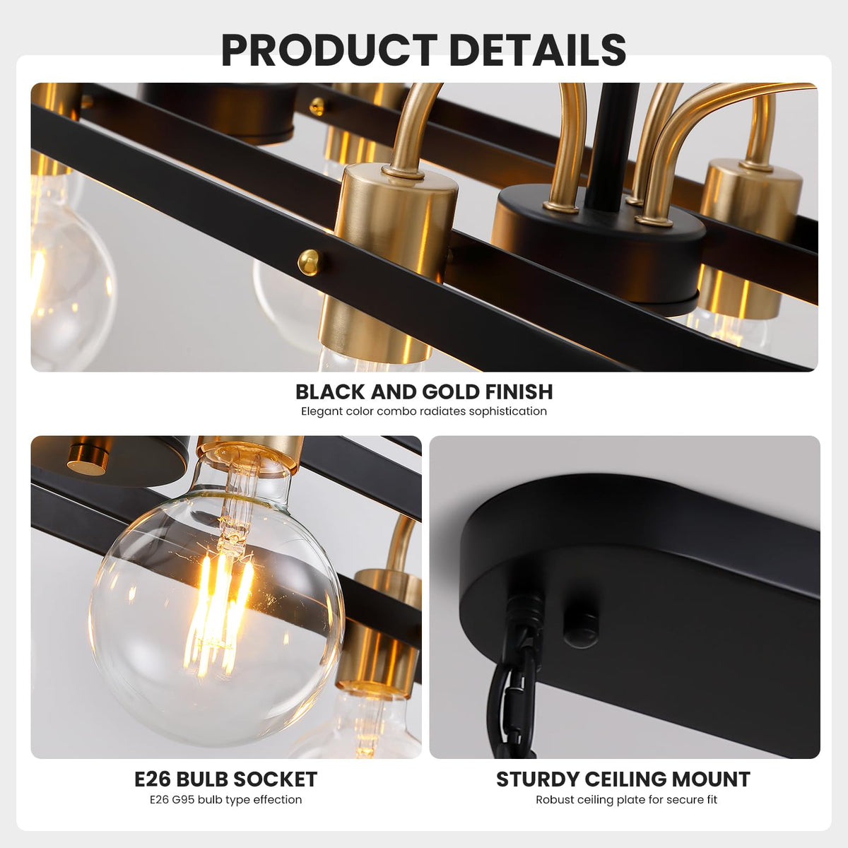 6 Lights Rectangular Chandelier, Black and Gold Linear Chandelier