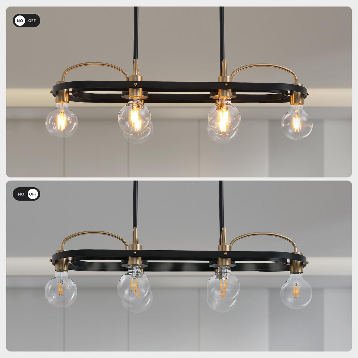 6 Lights Rectangular Chandelier, Black and Gold Linear Chandelier
