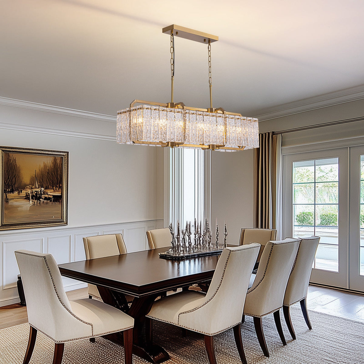 39in 6 Light Gold Rippled Glass Chandelier Light and Dimming(Bulbs Not Included)