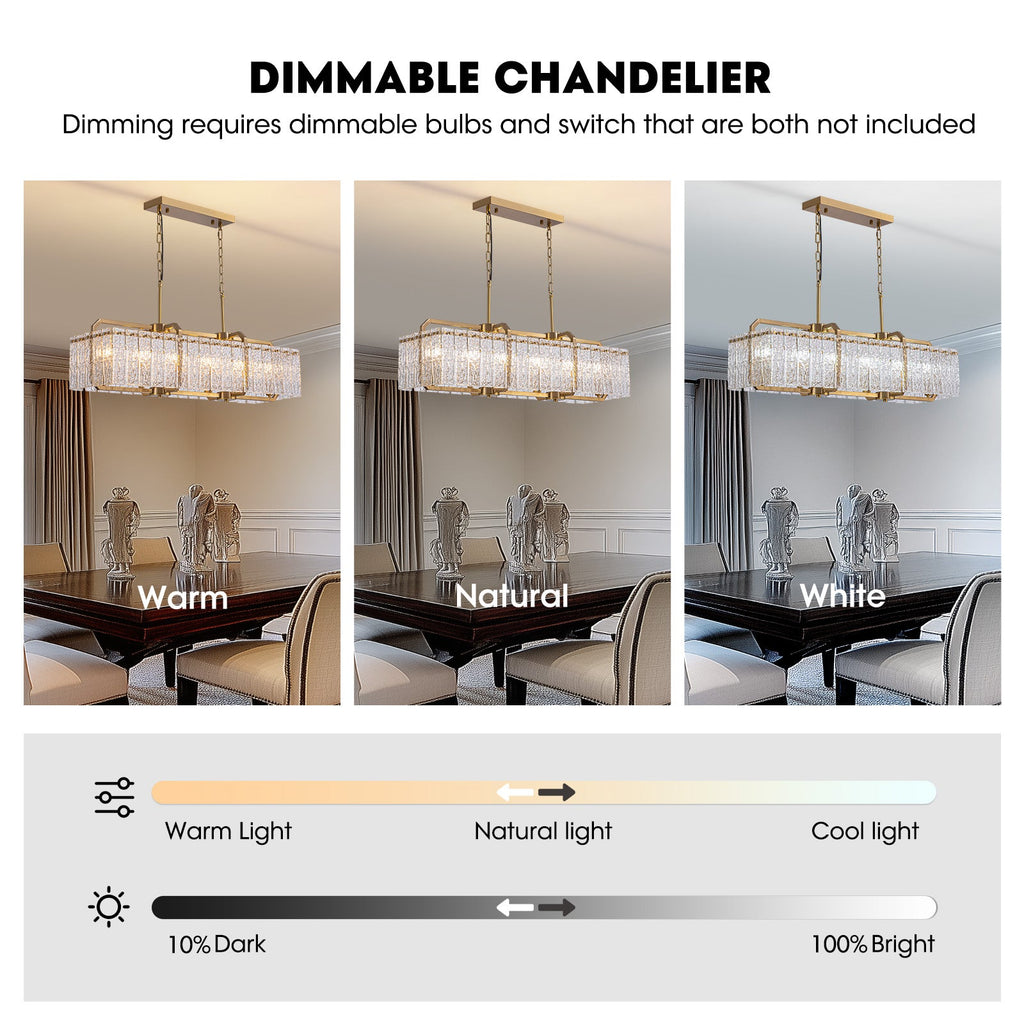 39in 6 Light Gold Rippled Glass Chandelier Light and Dimming(Bulbs Not Included)
