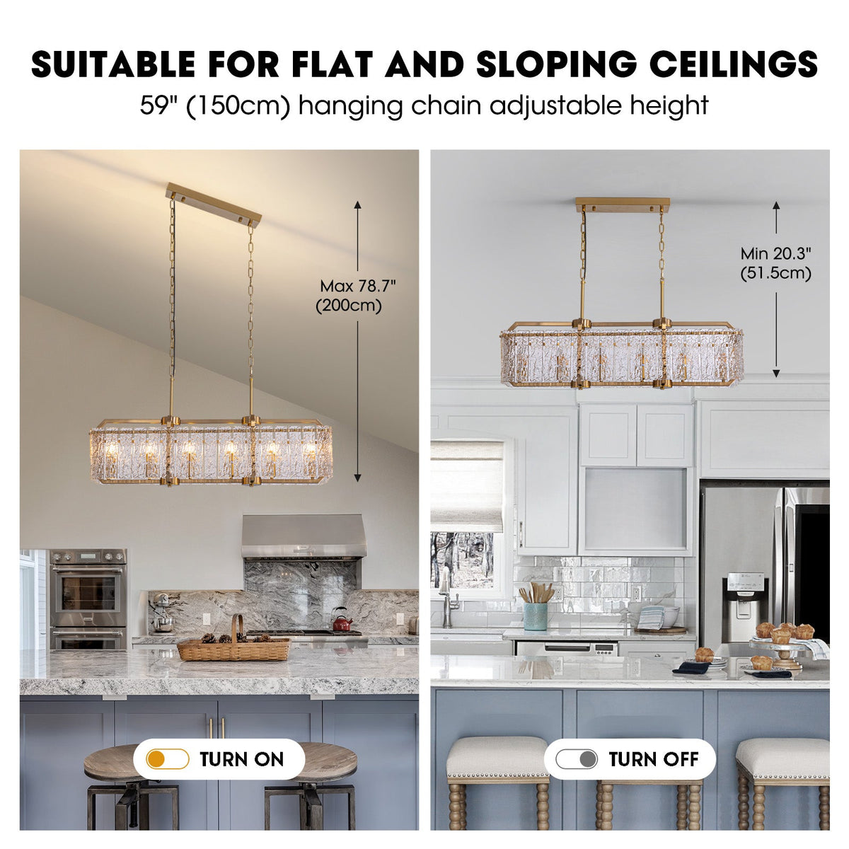 39in 6 Light Gold Rippled Glass Chandelier Light and Dimming(Bulbs Not Included)