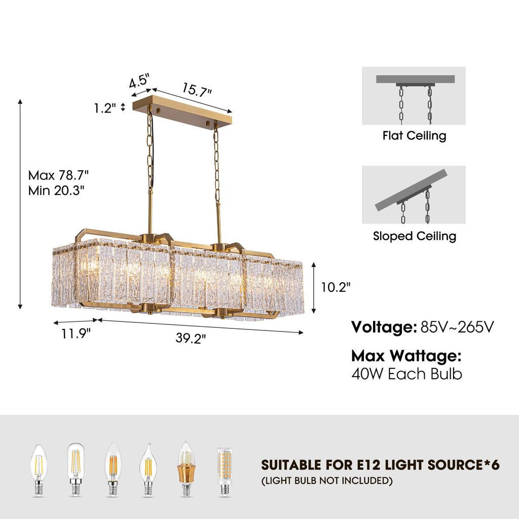 39in 6 Light Gold Rippled Glass Chandelier Light and Dimming(Bulbs Not Included)