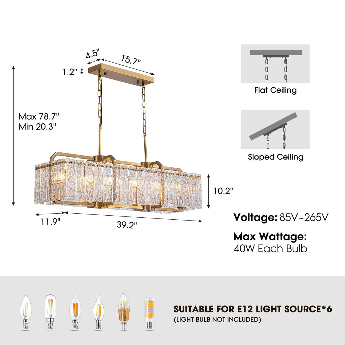 39in 6 Light Gold Rippled Glass Chandelier Light and Dimming(Bulbs Not Included)