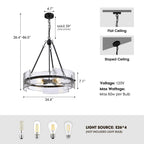 4-Light Black Dimmable Round Chandelier, Hand-Hammered Glass Pendant Light
