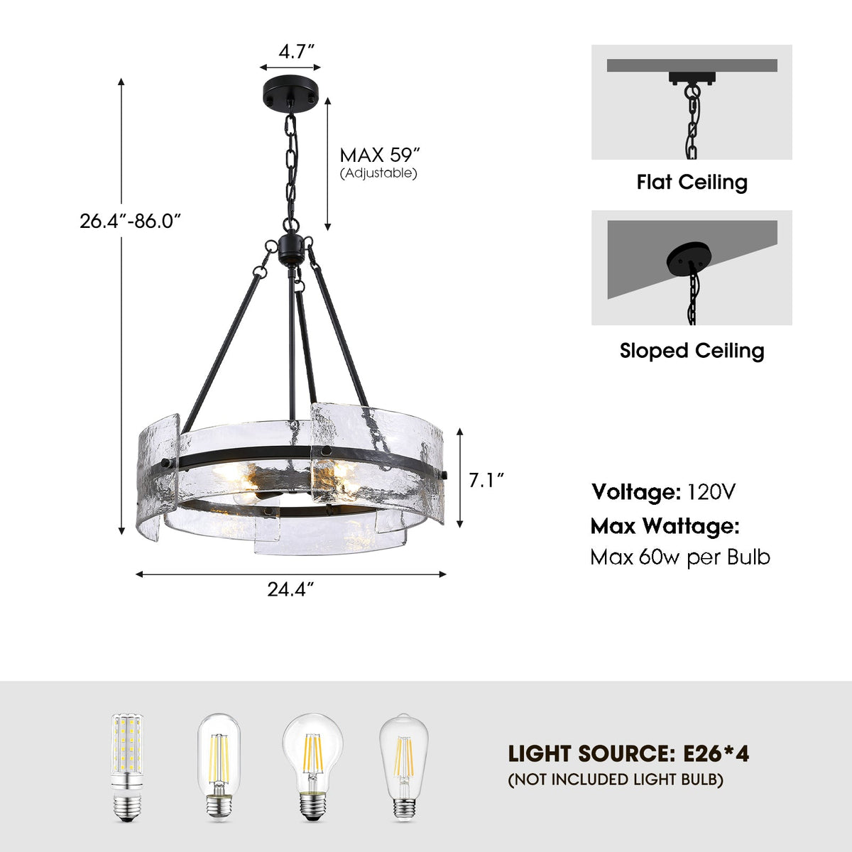 4-Light Black Dimmable Round Chandelier, Hand-Hammered Glass Pendant Light