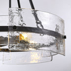 4-Light Black Dimmable Round Chandelier, Hand-Hammered Glass Pendant Light