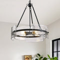 4-Light Black Dimmable Round Chandelier, Hand-Hammered Glass Pendant Light