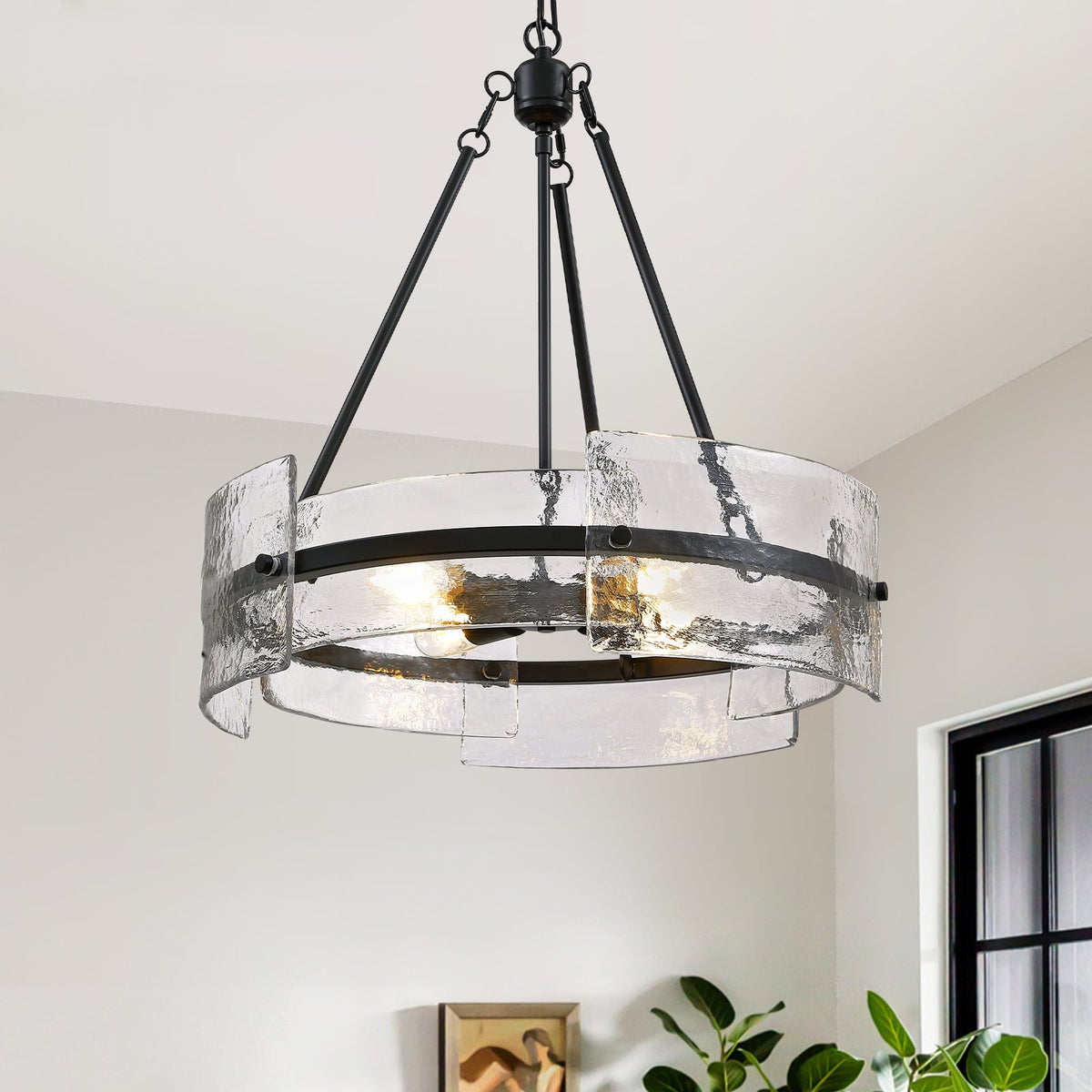 4-Light Black Dimmable Round Chandelier, Hand-Hammered Glass Pendant Light