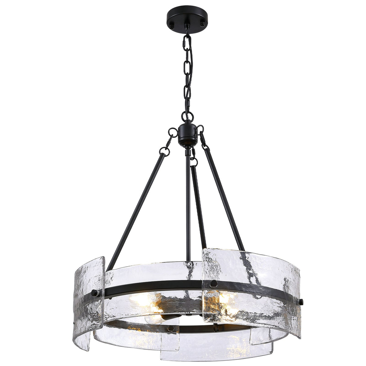 4-Light Black Dimmable Round Chandelier, Hand-Hammered Glass Pendant Light