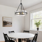 4-Light Black Dimmable Round Chandelier, Hand-Hammered Glass Pendant Light