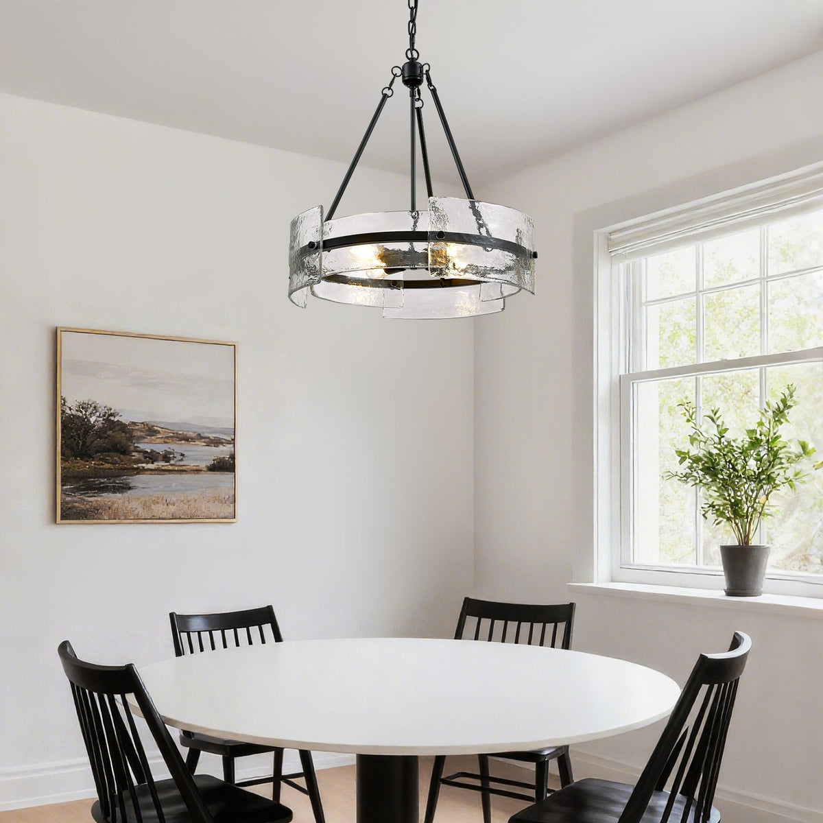 4-Light Black Dimmable Round Chandelier, Hand-Hammered Glass Pendant Light