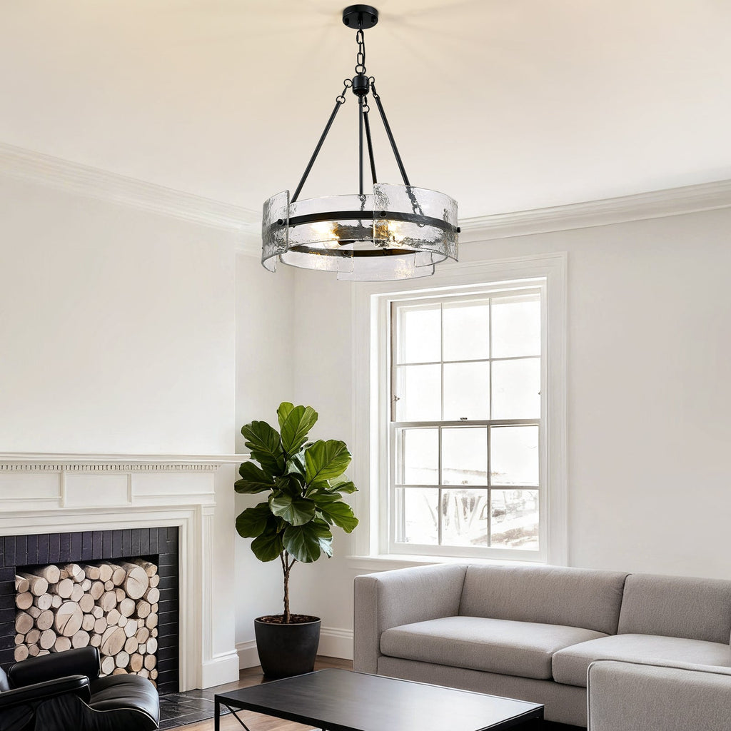 4-Light Black Dimmable Round Chandelier, Hand-Hammered Glass Pendant Light