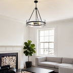4-Light Black Dimmable Round Chandelier, Hand-Hammered Glass Pendant Light
