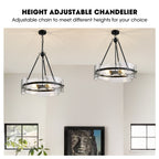 4-Light Black Dimmable Round Chandelier, Hand-Hammered Glass Pendant Light