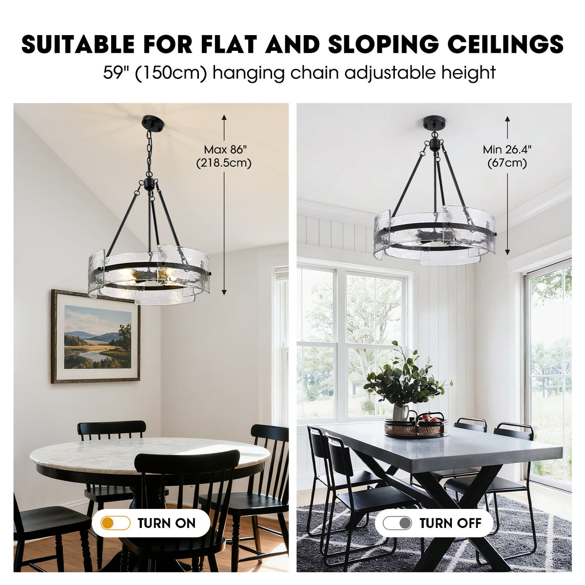 4-Light Black Dimmable Round Chandelier, Hand-Hammered Glass Pendant Light
