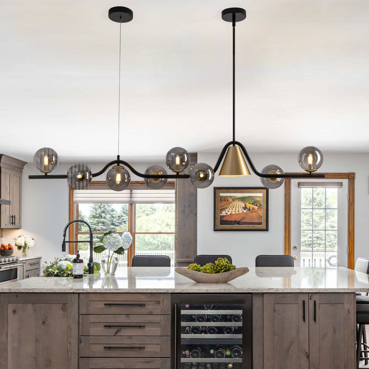 55 in. 9-Light Modern Dimmable Sputnik Black and Gold Globe Chandelier with Light Dining Room or Kitchen
