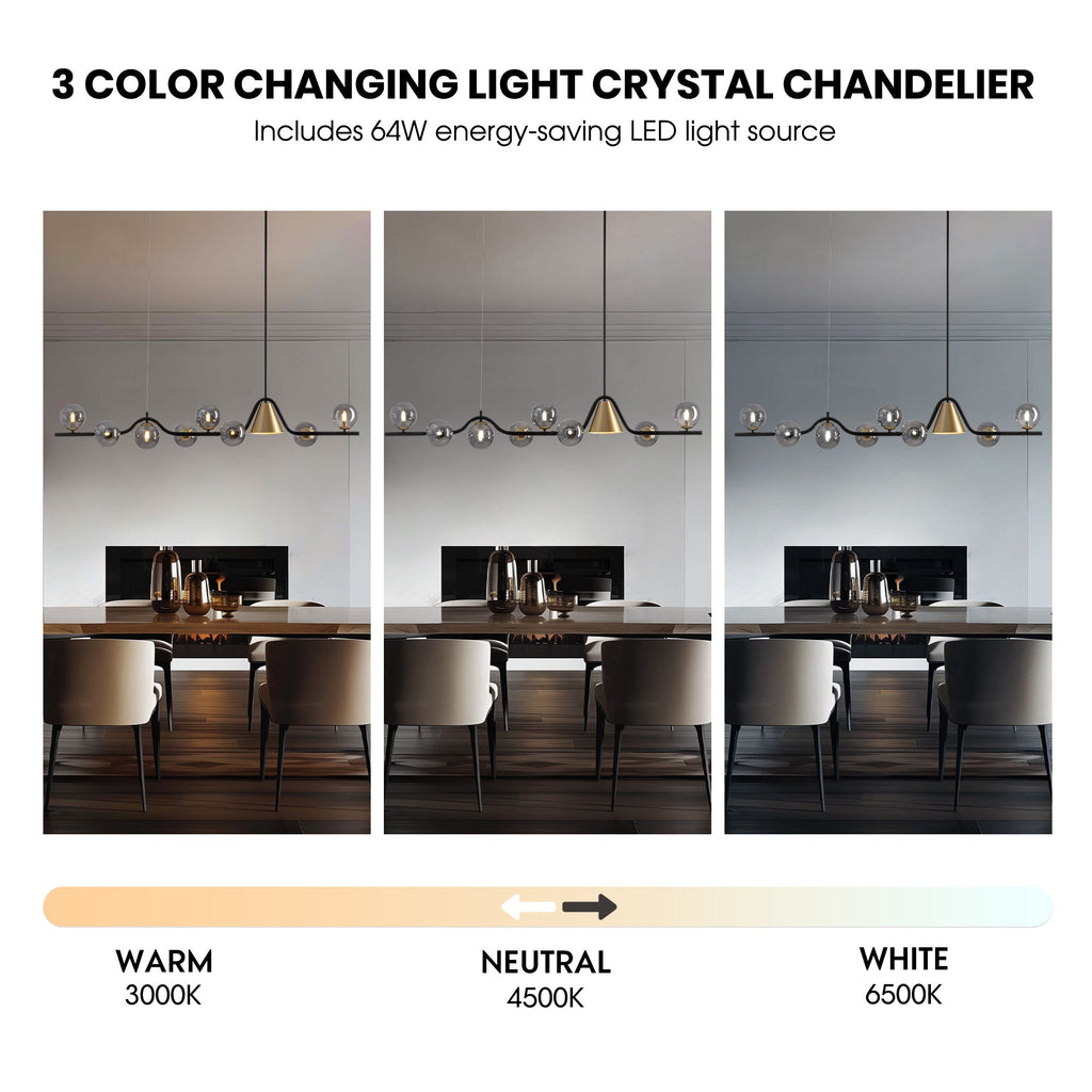55 in. 9-Light Modern Dimmable Sputnik Black and Gold Globe Chandelier with Light Dining Room or Kitchen
