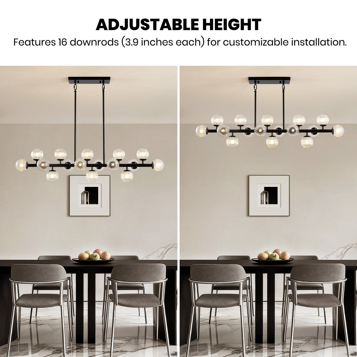 48in 16-Light Black Linear Pendant Light with Clear Glass for Kitchen Island(No Bulbs Included)