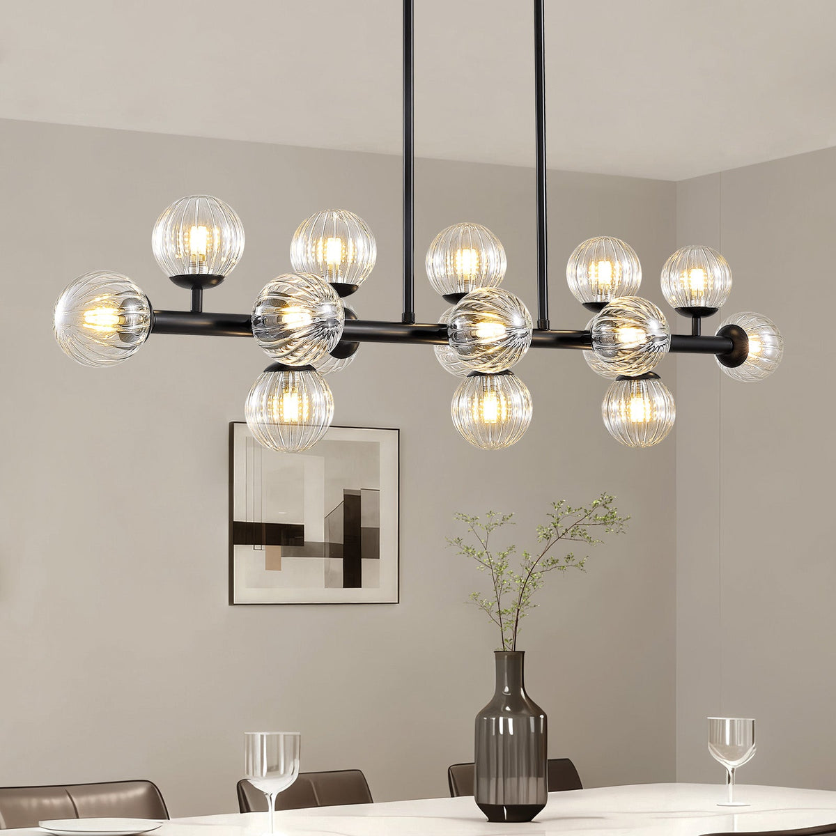 48in 16-Light Black Linear Pendant Light with Clear Glass for Kitchen Island(No Bulbs Included)