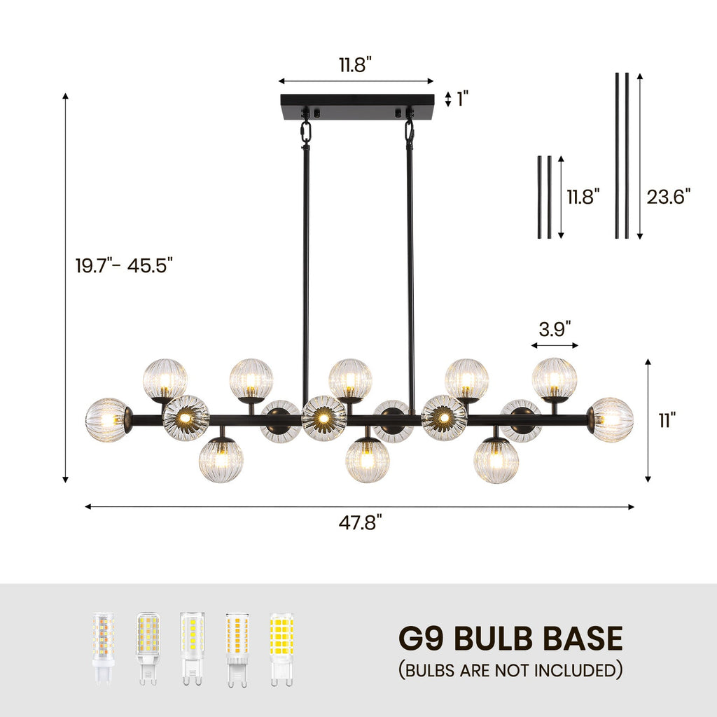 48in 16-Light Black Linear Pendant Light with Clear Glass for Kitchen Island(No Bulbs Included)