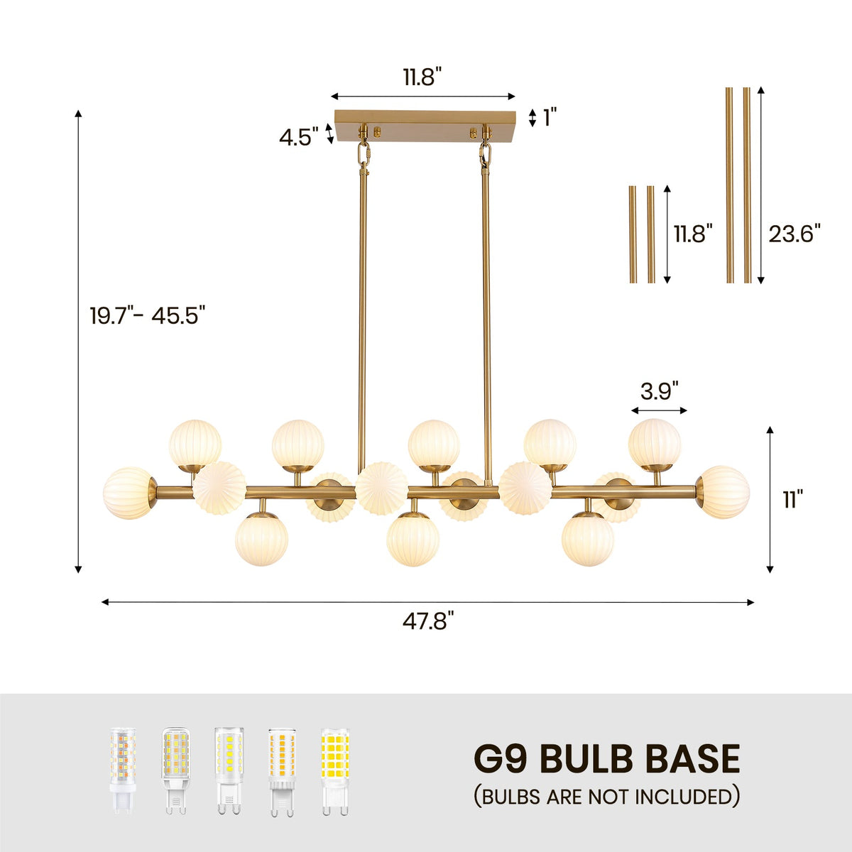 48in 16-Light Adjustable Linear Pendant Light with Iron Frame & Glass (Bulb Not Included)