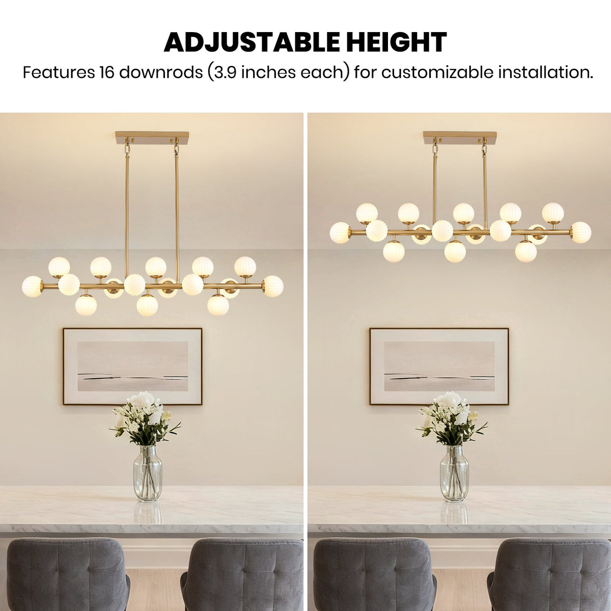 48in 16-Light Adjustable Linear Pendant Light with Iron Frame & Glass (Bulb Not Included)