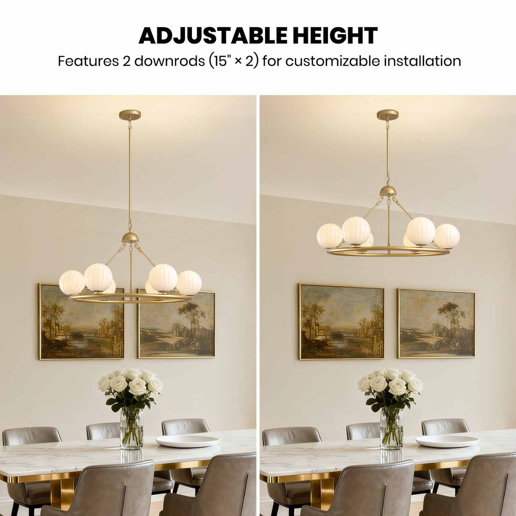 Gold 6-Light Molecular Sphere Round Chandelier Beige Striped Glass Shades Adjustable Height Dimmable(No Bulb)Dining Room