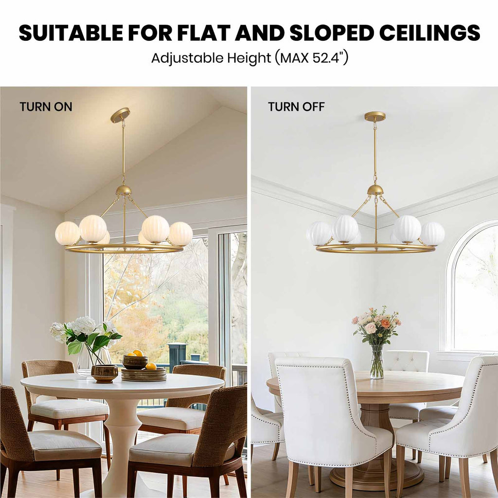 Gold 6-Light Molecular Sphere Round Chandelier Beige Striped Glass Shades Adjustable Height Dimmable(No Bulb)Dining Room