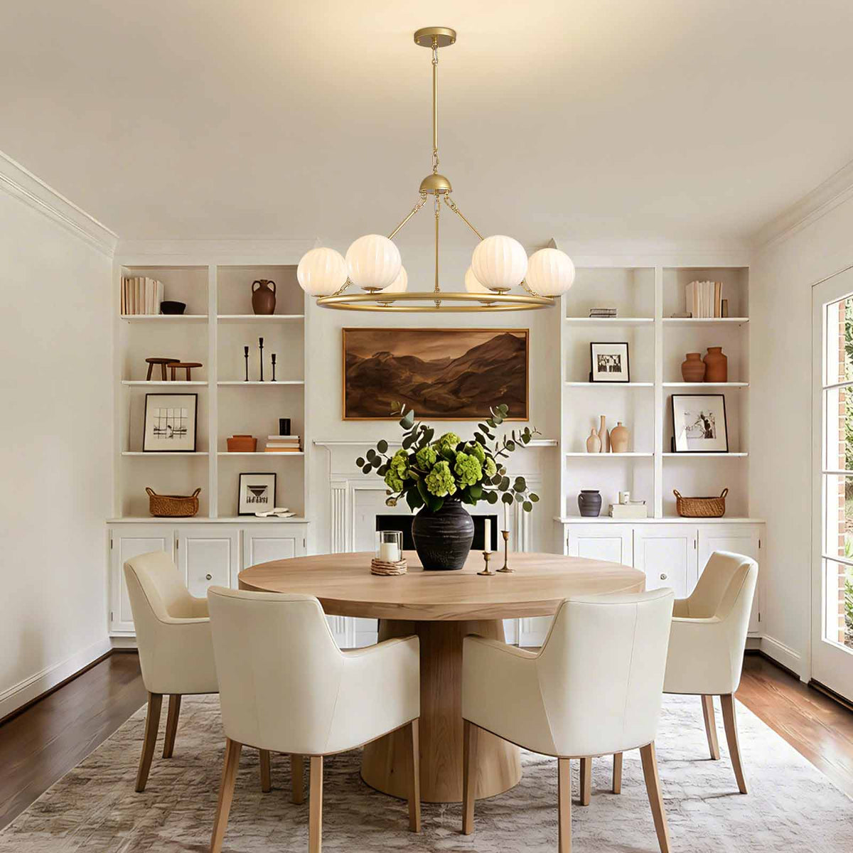 Gold 6-Light Molecular Sphere Round Chandelier Beige Striped Glass Shades Adjustable Height Dimmable(No Bulb)Dining Room