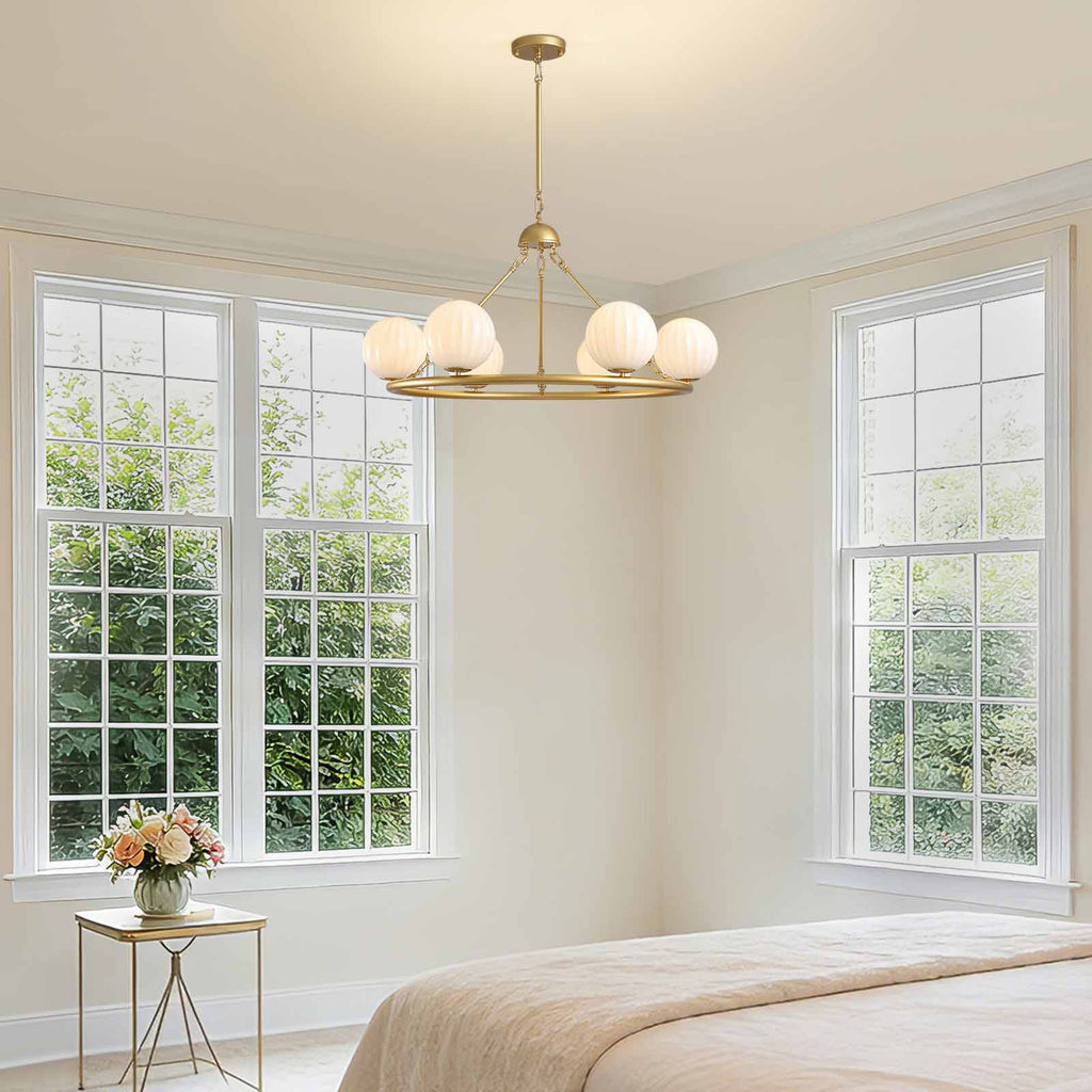 Gold 6-Light Molecular Sphere Round Chandelier Beige Striped Glass Shades Adjustable Height Dimmable(No Bulb)Dining Room