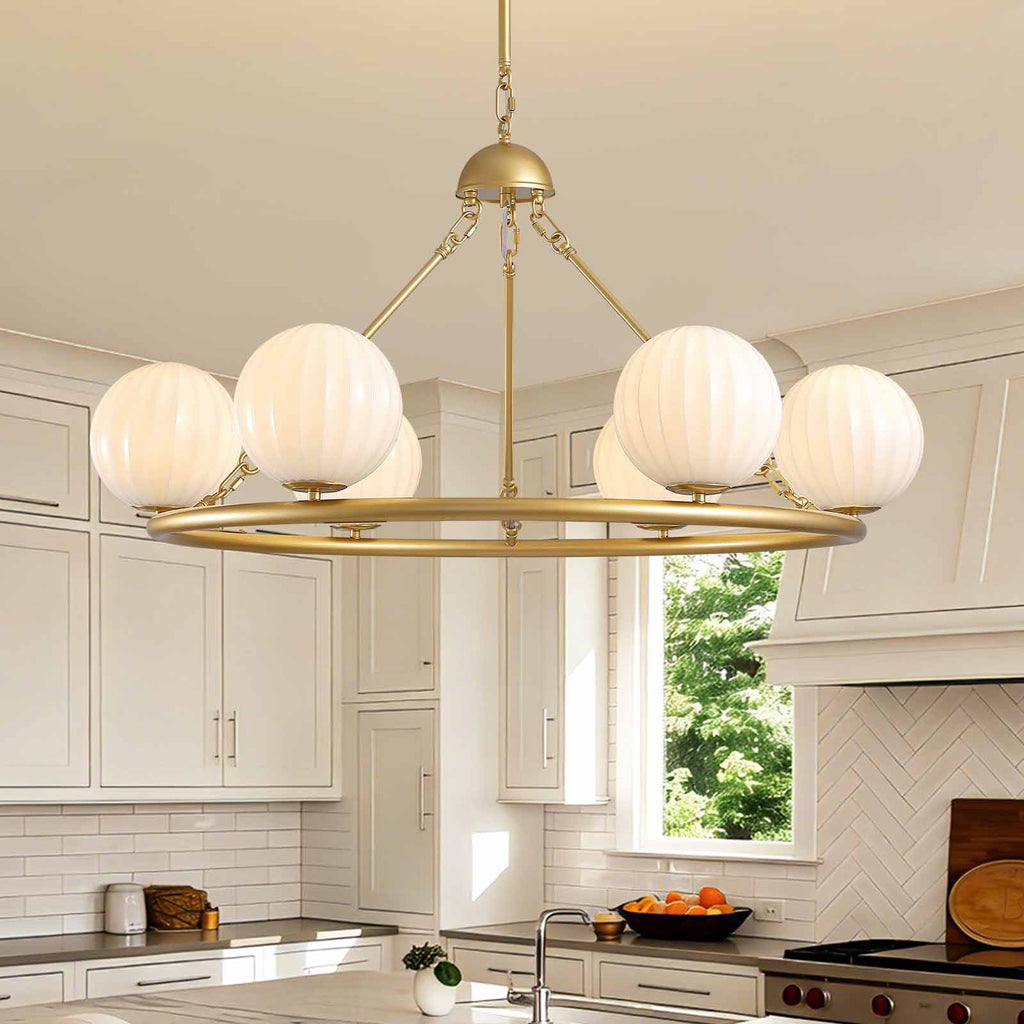 Gold 6-Light Molecular Sphere Round Chandelier Beige Striped Glass Shades Adjustable Height Dimmable(No Bulb)Dining Room