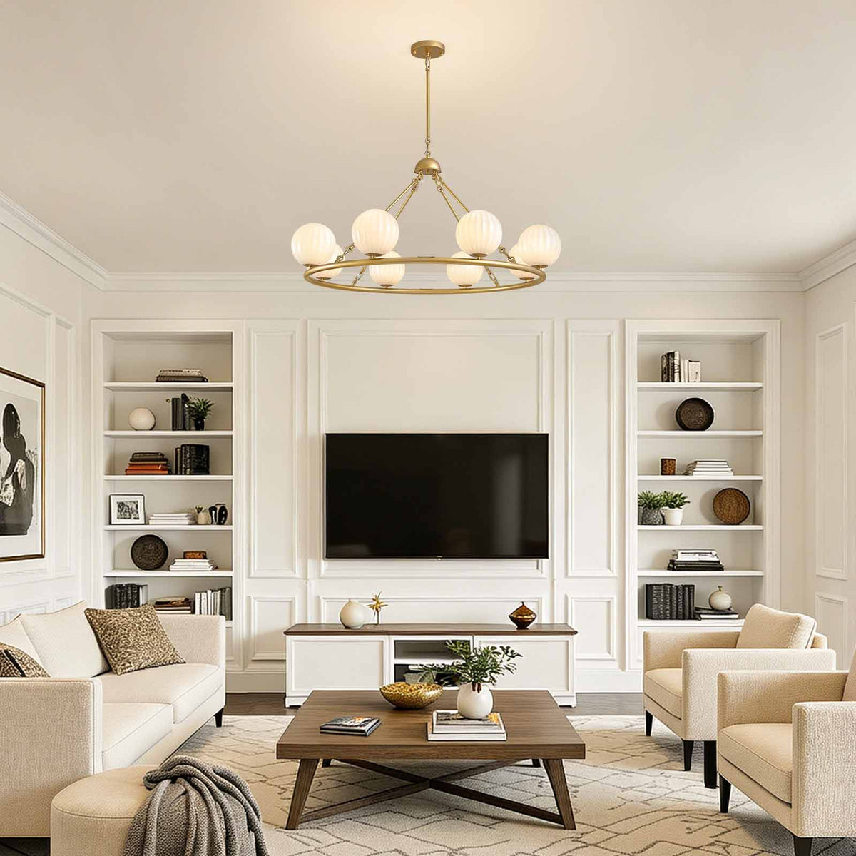 47in 8 Light Golden Round Beige Striped Glass Ball Molecular Pendant Light with Dimmable (Bulb Not Included)