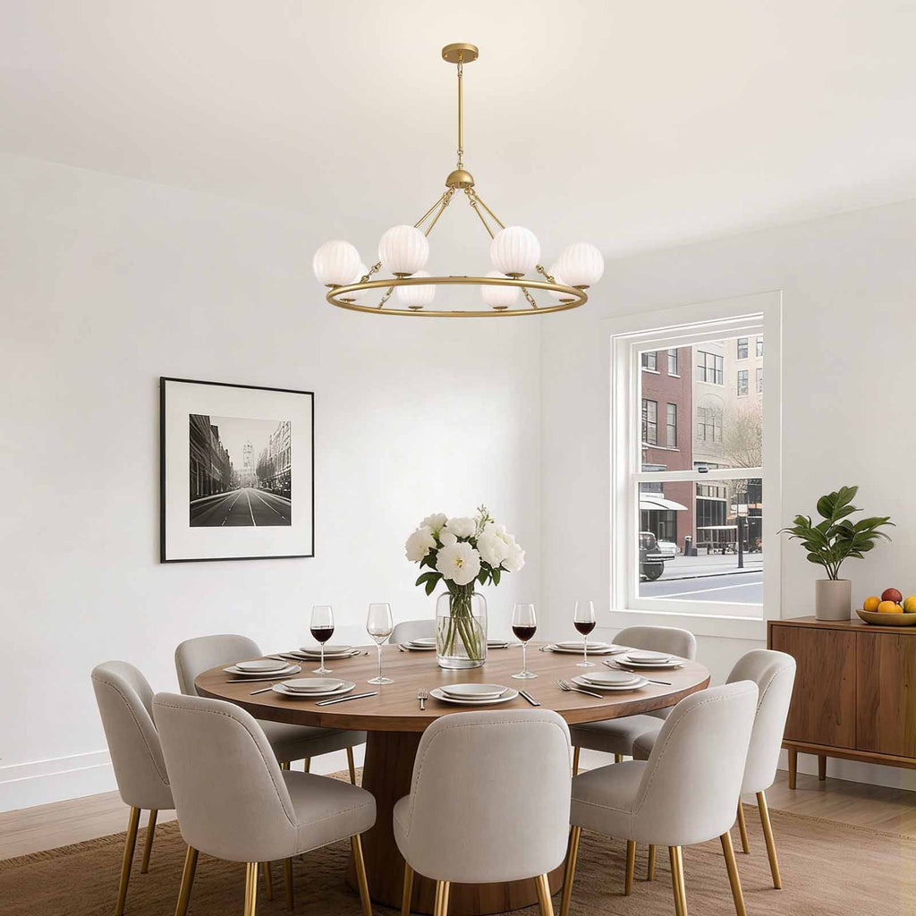 47in 8 Light Golden Round Beige Striped Glass Ball Molecular Pendant Light with Dimmable (Bulb Not Included)