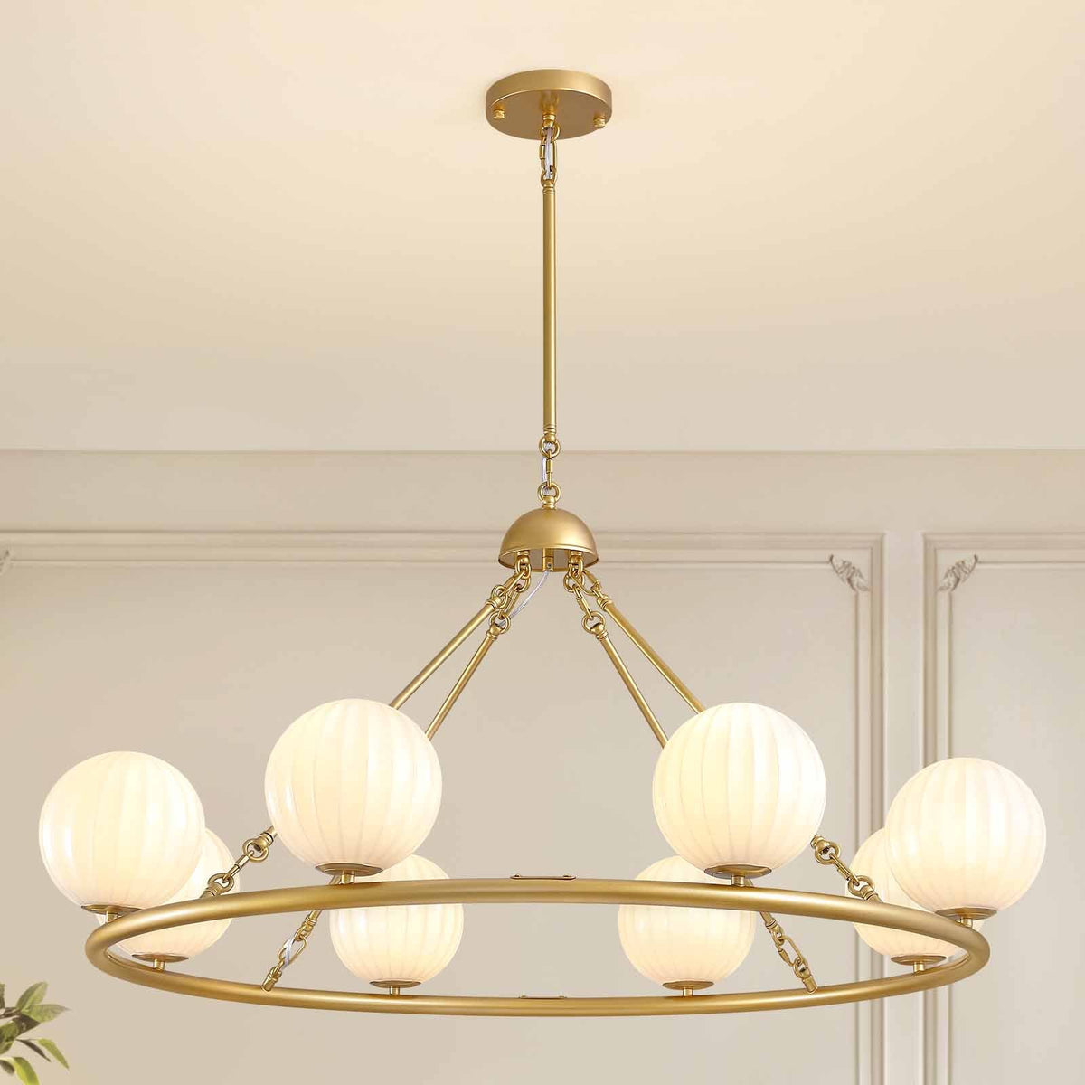 47in 8 Light Golden Round Beige Striped Glass Ball Molecular Pendant Light with Dimmable (Bulb Not Included)