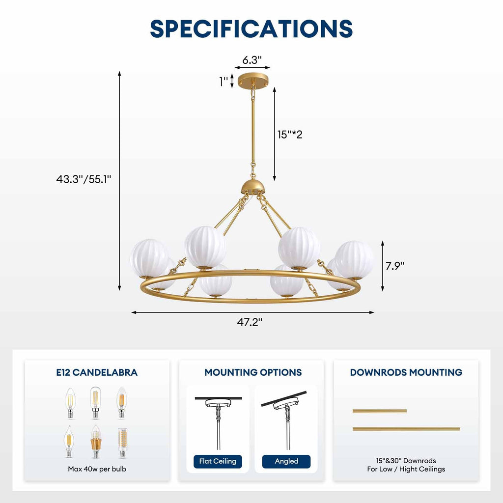 47in 8 Light Golden Round Beige Striped Glass Ball Molecular Pendant Light with Dimmable (Bulb Not Included)
