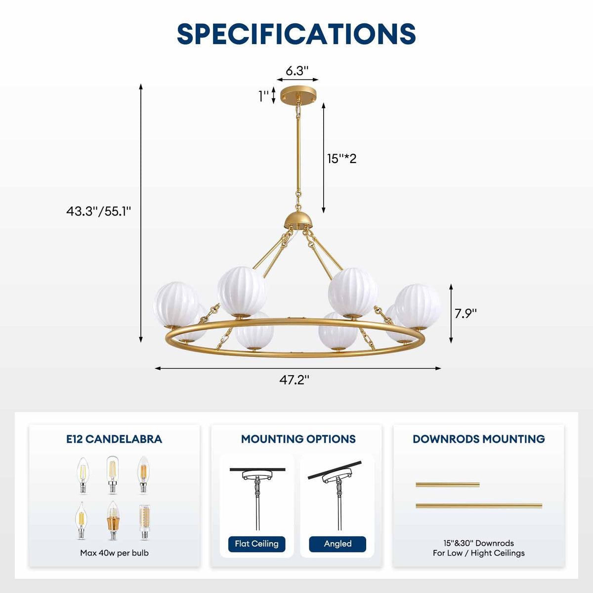 47in 8 Light Golden Round Beige Striped Glass Ball Molecular Pendant Light with Dimmable (Bulb Not Included)