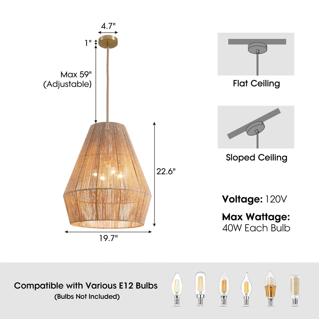 1 Light-Matte Black Hemp Rope Pendant Light (Bulb not Included)
