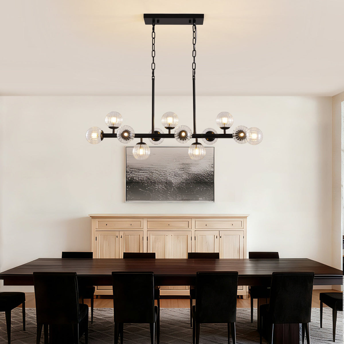 40 in. Modern 12-Light Black Linear Chandelier for Kitchen, Living Room, and Dining Room (Bulbs Not Included)