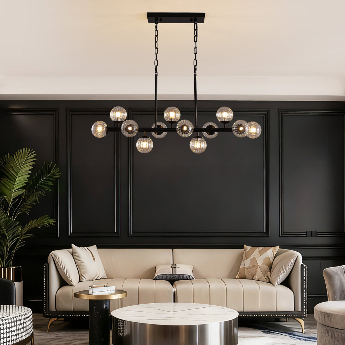 40 in. Modern 12-Light Black Linear Chandelier for Kitchen, Living Room, and Dining Room (Bulbs Not Included)