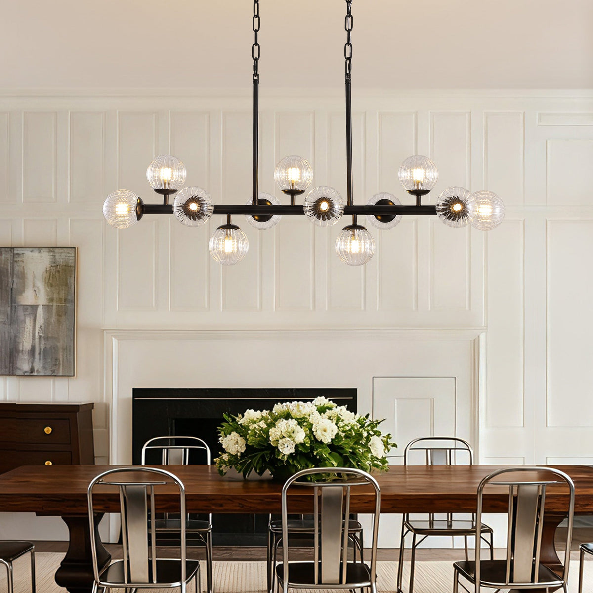 40 in. Modern 12-Light Black Linear Chandelier for Kitchen, Living Room, and Dining Room (Bulbs Not Included)