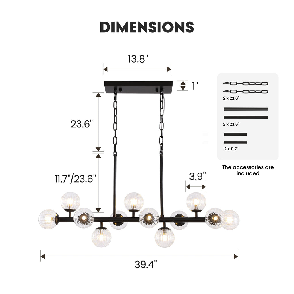40 in. Modern 12-Light Black Linear Chandelier for Kitchen, Living Room, and Dining Room (Bulbs Not Included)