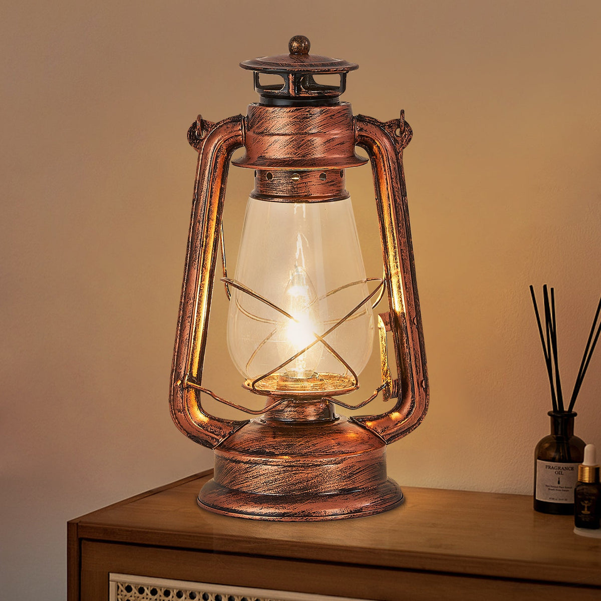 Rustic Lantern Table Lamp Plug-in Old Fashioned Night Light Perfect for Bedroom Living Room