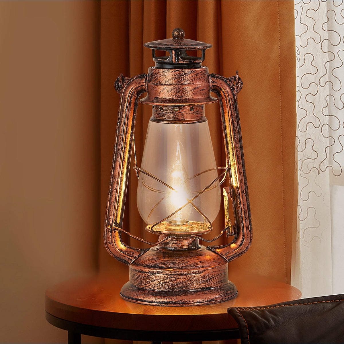 Rustic Lantern Table Lamp Plug-in Old Fashioned Night Light Perfect for Bedroom Living Room