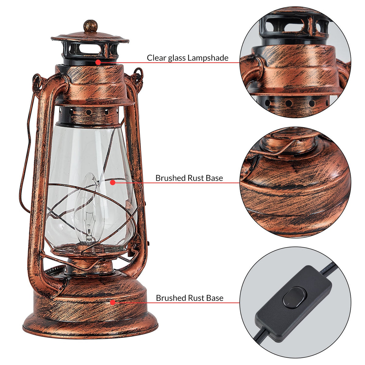 Rustic Lantern Table Lamp Plug-in Old Fashioned Night Light Perfect for Bedroom Living Room