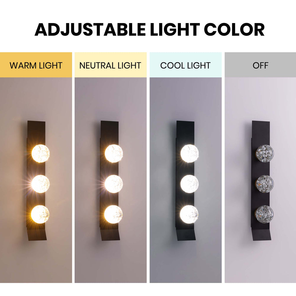 Modern 3-Light Black Unique Dimmable LED Wall Sconce Light with Crystal Bubble Glass Shade